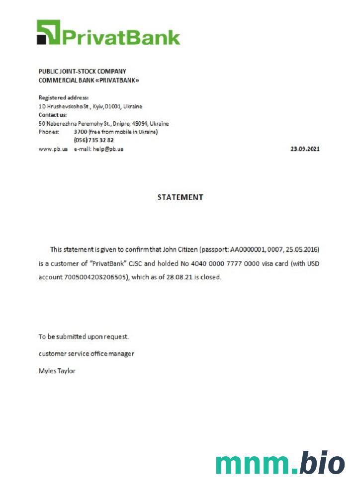 Ukraina PrivatBank zamknięcie przykład odniesienia w formatach Word i PDF